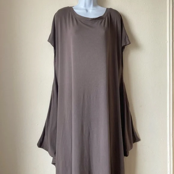 Kedem Sasson Taupe Grey Long Maxi Dress Stretch Jersey Short Sleeve One Size - Picture 11 of 16